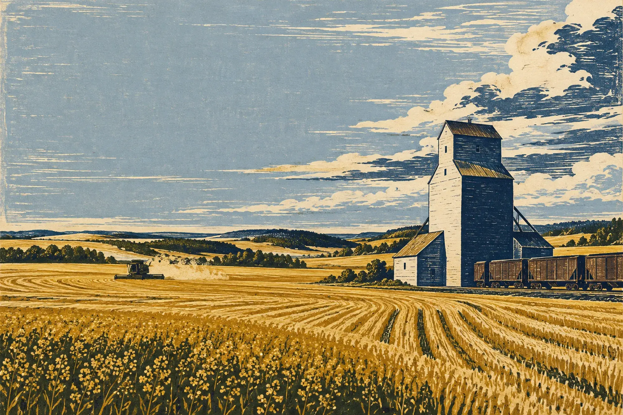 Woodcut-style illustration of a prairie grain elevator at harvest