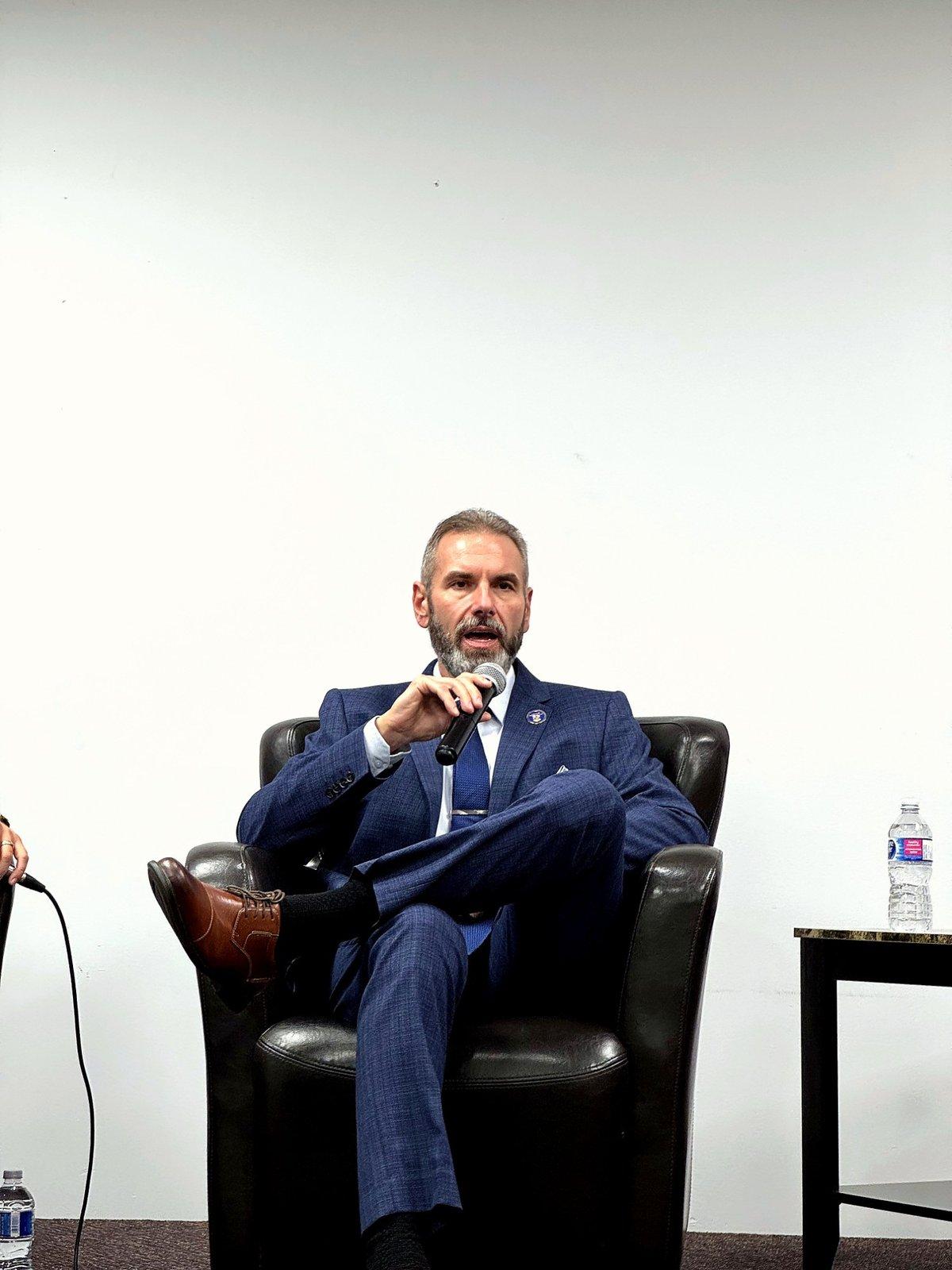 Stacy Miskew answering a question at the Lloydminster fireside chat